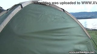 Colombian Cuties: Two friends experiment with lesbian passion, locked in a tent, until interruption by a boyfriend.