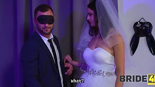 Seductive brunette wearing a wedding dress gets her pussy pounded by a guy in creepy mask