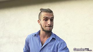 Busty tgirl Casey Kisses facefucking a guy while anal riding