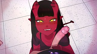 3d animated cartoon of a sexy devil girl fucking with threed nerdy dicks