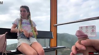 Public Flashing Blowjob - Skinny Brunette Swallows Cum on Ferris Wheel POV