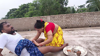 Beautiful Indian Village Aunty Hot Romance Big Boobs Press and Pussy Fucking on the Roof Over