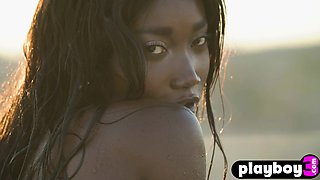 Petite black teenager model posed outdoor