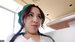 College babe in a miniskirt gets her hairy pussy stroked by Nick