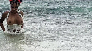 Monika Fox Swims in Sea and Fucks Pussy with a Big Dildo on a White Sand Beach