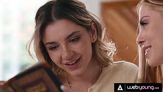 WEB YOUNG - Smallish Platinum-blonde Demi Hawks Sandy-haired BFF Explicit Kait Attempt Girl-on-girl Intercourse During Examine Sesh