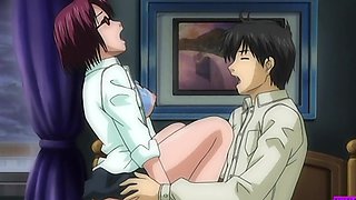 Uniformed cutie gives blowjobs while fingerbanging in a naughty anime scene