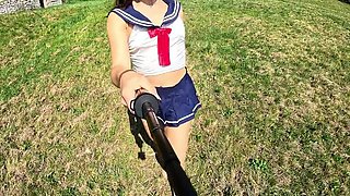 Naughty Schoolgirl Flashes Her Perfect Ass to Gardener in the Countryside