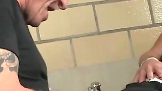 Gothic slut double penetrated in the bathroom