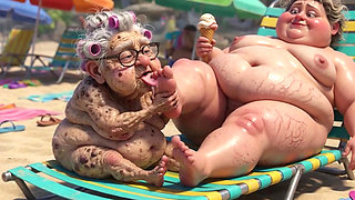 Elderly Granny Passionately Sucking BBW Feet on the Beach