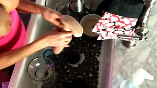 Busty curly brunette with big boobs fucks on couch