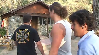 Trashy MILF gets gang banged by three dudes and creamed