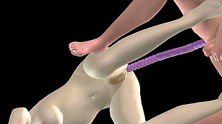 Animated 3D Porn - Beautiful Girl Strap on Fucks Asian Man Then Double Dildo Doggy