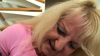 Hairy blonde mother-in-law riding very big meat