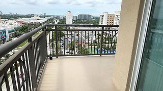 Skinny stepsister is getting her tight pussy fucked by a horny stepbro on the balcony