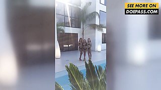 Alessandra Jane Gia Ren and Hayli Sanders joke around the pool in a funny shoot