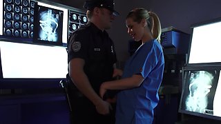 Addictive blonde nurse grants herself a naughty time with this cop's dick