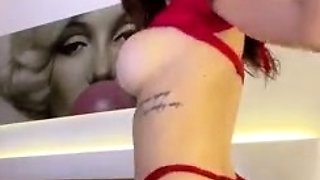 Busty curly brunette with big boobs fucks on couch