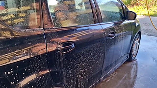 I Undress While Washing the Car at the Car Wash, Showing My Tits and Pussy in Public