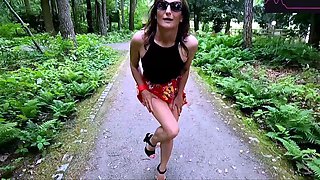 European cougar flashing her tits and masturbating in public