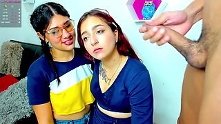Latin American girls caress each others tits and fuck in the throat