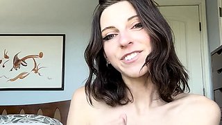 Busty curly brunette with big boobs fucks on couch