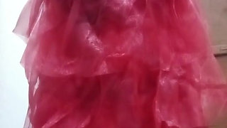 Indian Gay Crossdresser Bottom Pressing and Playing with Her Big Boobs in Red Gown Real Homemade Sex