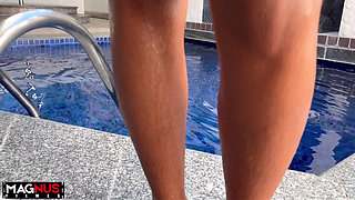 Married Woman Masked in White Panties in Swimming Pool Showing Her Natural Hairy