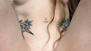 Small titted brunette teen fingering on the bed
