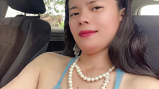 Petite Hana Show Pussy Nake in the Car Blue Dress