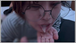 Glasses Girl Gets Caught By The Smell Of Dick And Sucks Up A Lot Of Sperm