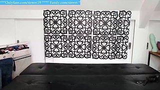 Masturbating blonde teen on couch with big toys