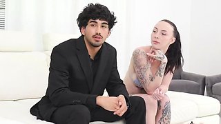 Female agent licks and fingers brunette in her office