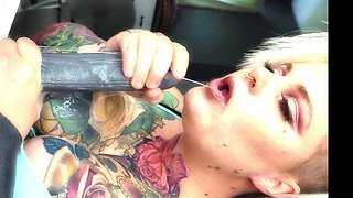 Tattooed busty blonde gives messy cumshot lube blowjob and moaning climax with sex toys