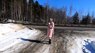 Nude Russian Girl Walks on the Road