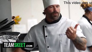 Waitress services the kitchen team with her hooters, pussy, and bootie