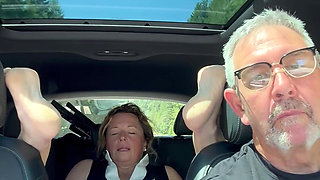 Wife Rubs Out Multiple Orgasms, Road Trip, Back Seat, Teasing Her Man