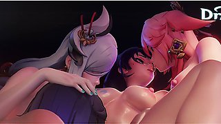 Lesbian Foursome - Yae Miko Yelan & Shenhe Please Raiden Shogun From Every Angle - 3d Genshin Impact