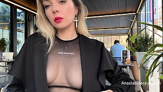 Flashing tits in cafe with glass walls so all people