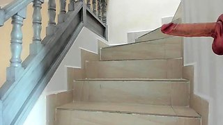 Horny lady masturbates at the public stair