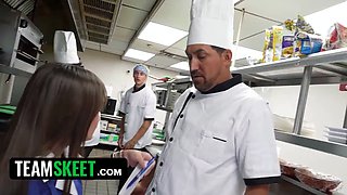 Small bunny fae takes on the entire kitchen team in a wild restaurant group fuck