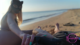 4K Risky Beach Heeljob & Shoejob From Blonde with Long Toenails & Cum on Feet