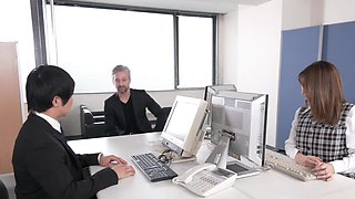 Handjob with big natural tits and a hot office threesome