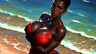 4K 100% Ai Generated 3D Soft Looping Pmv: Dark-skinned Thick Ass Gentle Twerk on Tropical Beach in Sexy Bikinis