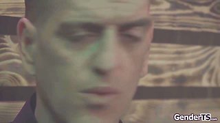 Tranny sista blows a load while being ass-fuck screwed in the bar