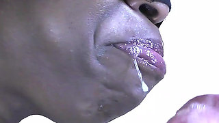 Ebony Slut Gagging on Big White Cock