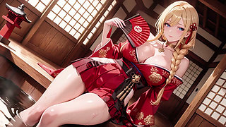 Red & Black Miko! Forbidden Shrine Prayer, High-Slit Hakama Exposure, Golden Goddess's Wet Gaze!