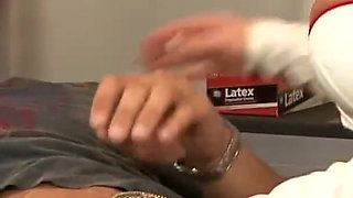 Nurse jumping up and down on her patients cock