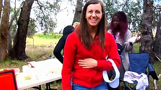 Outdoor brunette MILF pounding pussy