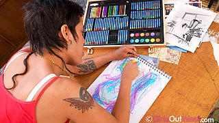 Short Haired Artist with Small Boobs and Pierced Nipples Uses Vibrator on Her Horny Clit